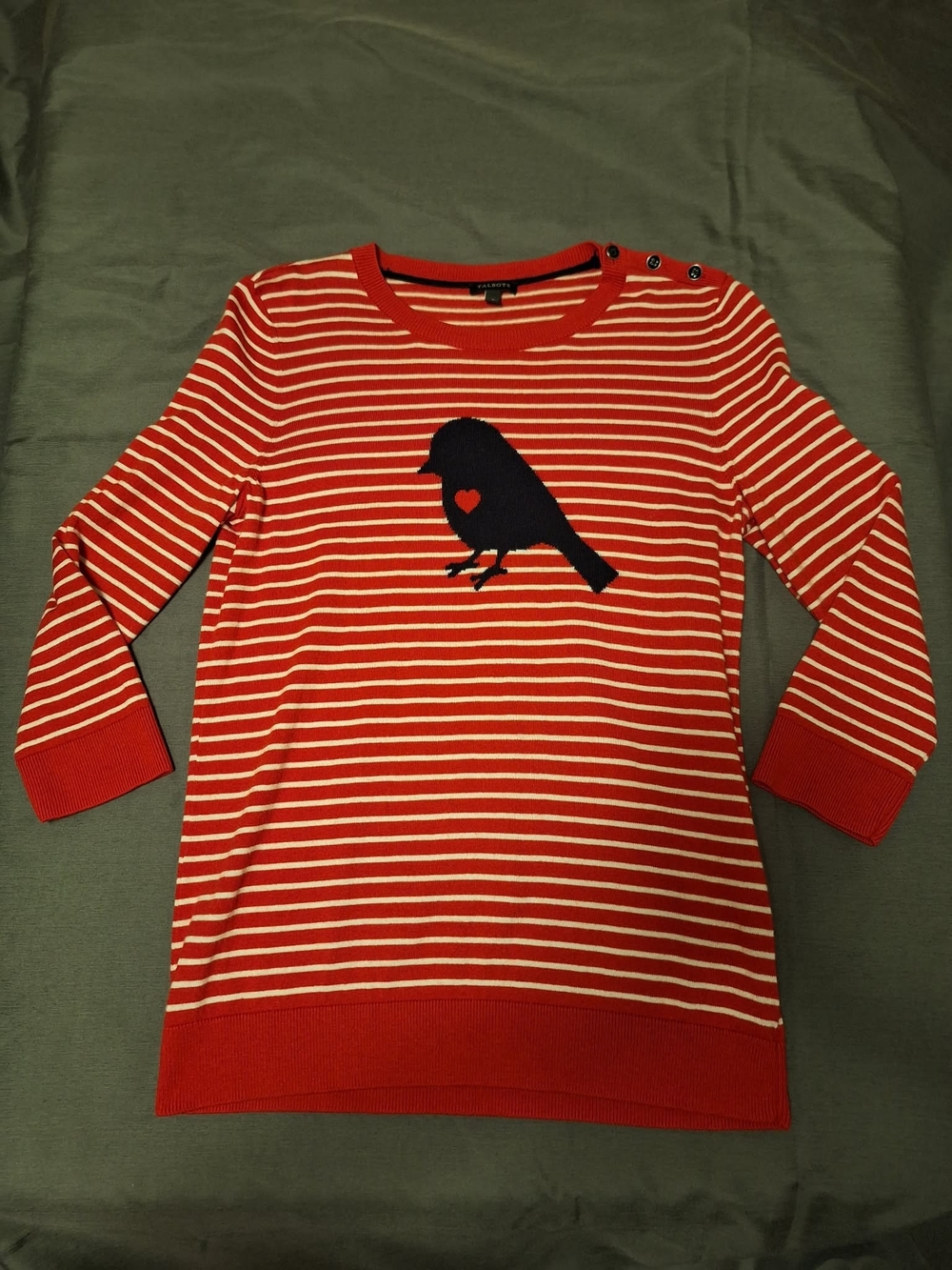 Talbots Red & White Striped Bird Heart Pullover Sweater Small